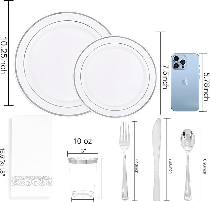 WDF Partyware 350 Pcs Silver Plastic Plates - Silver Dinnerware Set of 50 Dinner Plates 50 Dessert Plate 50 Silverware 50 Napkins 50 Cups for Christmas Party&Wedding