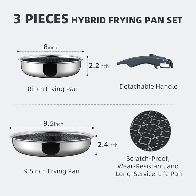 Hybrid Non Stick Frying Pans Set 3-Piece, 8 & 9.5 Inch Tri-Ply Stainless Steel Pans Set with Detachable Handle, PFOA Free Kitchen Skillets for All Cooktops, Dishwasher & Oven-Safe Cooking Pan