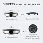Hybrid Non Stick Frying Pans Set 3-Piece, 8 & 9.5 Inch Tri-Ply Stainless Steel Pans Set with Detachable Handle, PFOA Free Kitchen Skillets for All Cooktops, Dishwasher & Oven-Safe Cooking Pan
