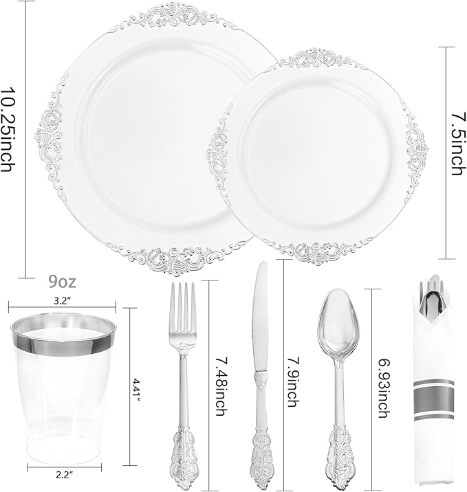 Liacere 350PCS Silver Plastic Plates&Pre Rolled Napkins for 50 Guests - Plastic Dinnerware Sets 100Silver Disposable Plates, 150Silver Silverware, 50Cups and 50Napkins for Wedding&Party