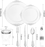 Liacere 350PCS Silver Plastic Plates&Pre Rolled Napkins for 50 Guests - Plastic Dinnerware Sets 100Silver Disposable Plates, 150Silver Silverware, 50Cups and 50Napkins for Wedding&Party