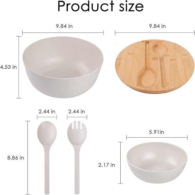 ECOWAY Bamboo Fiber Salad Bowl with Lid,Salad Maxing Bowl with Bamboo Lid and Utensils for Camping,Melamine Salad Bowls with 4 Serving Bowls,Spoon,Fork for Pasta and Fruits,(White,9.8inches)