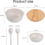 ECOWAY Bamboo Fiber Salad Bowl with Lid,Salad Maxing Bowl with Bamboo Lid and Utensils for Camping,Melamine Salad Bowls with 4 Serving Bowls,Spoon,Fork for Pasta and Fruits,(White,9.8inches)