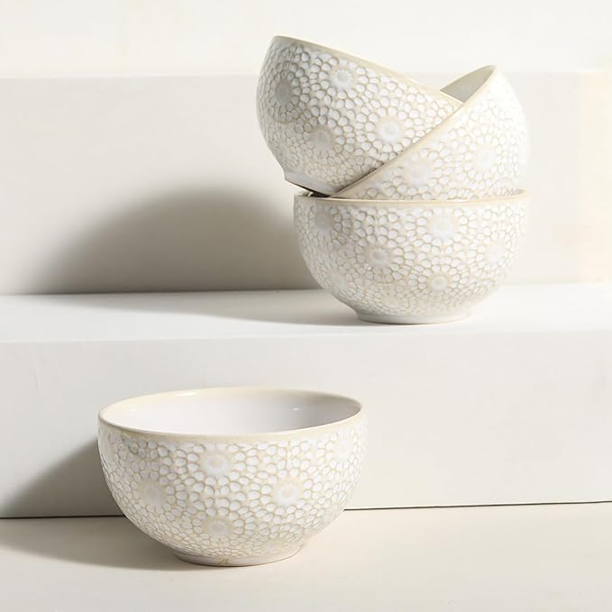 Soup Bowls 26 Oz - 6 inch Ceramic Cereal Bowls Set of 4, Kitchen Serving Dish, Embossed Bowl for Salad, Pho, Breakfast, Ramen, Rice, Dishwasher & Microwave Safe, Decorative Housewarming Gift