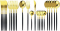 JASHII Flatware Serving Set 24 Piece, Stainless Steel Silverware Set, Titanium Black Gold Cutlery Set, Modern Elegant Tableware Set for Party, Christmas, Dinner (Black Gold)
