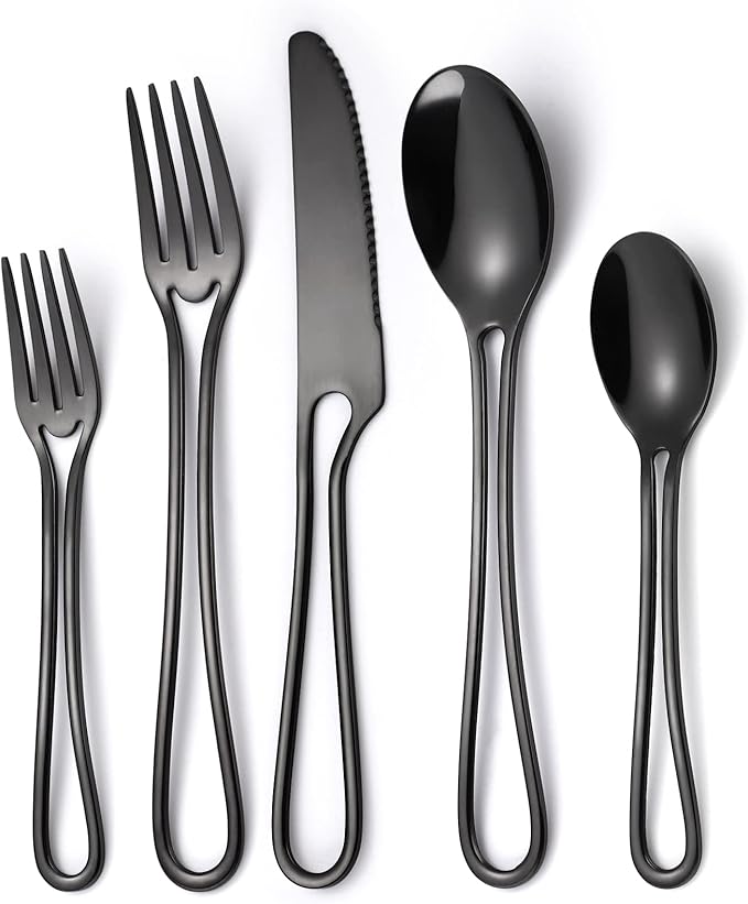 Black Silverware Set for 8, Modern 40 Piece Flatware Stainless Steel Hanging Fine Utensils Cutlery Set,Tableware include Knife Fork Spoon for Family Gatherings & Daily Use Wedding (Hollow Out Handle)