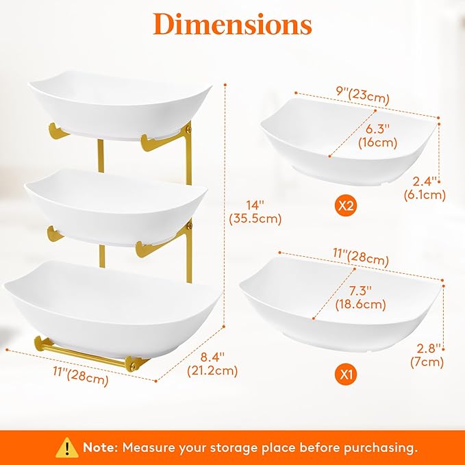 Lifewit Plastic Fruit Bowl for Kitchen Counter, 3 Tier Fruit Basket with Gold Metal Stand, Tiered Fruit Holder for Countertop Serving Tray for Vegetable/Dessert in Party 28 x 21 x 35cm/11 x 8.4 x 14