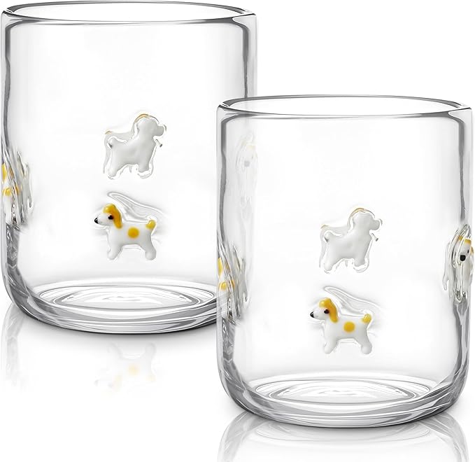 Skylety 2 Pack Icon Juice Glasses, 14 oz Stemless Glass Cups, Puppy Juice Cocktail Wine Coffee Drinking Cups for Engagement Wedding Anniversary Valentines Party Supplies