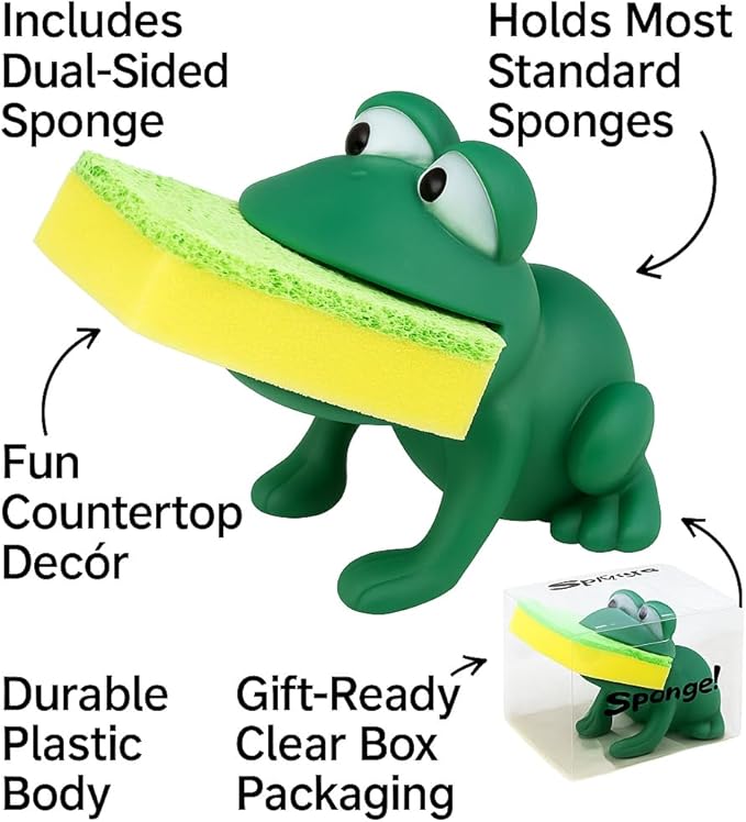 Animal Shape Novelty Kitchen Sponge Holder and Sponge Choice of Frog or Duck (Green Frog)
