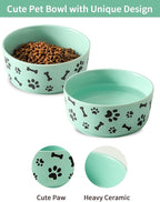 UBEE Ceramic Dog Bowl Set of 2, 6.5 inch Dog Food Bowl Dish with Bone Paw Pattern, Pet Food Water Dish Feeding for Small and Meidum Dogs and Large Cat, Green