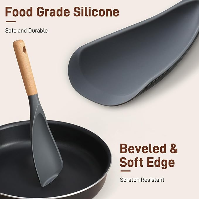 3 PACK Cooking Spatula Spoon for Nonstick Cookware, Multifunction Spoonula Great for Cooking, Serving, Baking, Mixing, Stirring, Scoop, Scrape - Sturdy BPA-Free Heat Resistant Silicone & Wood Handle