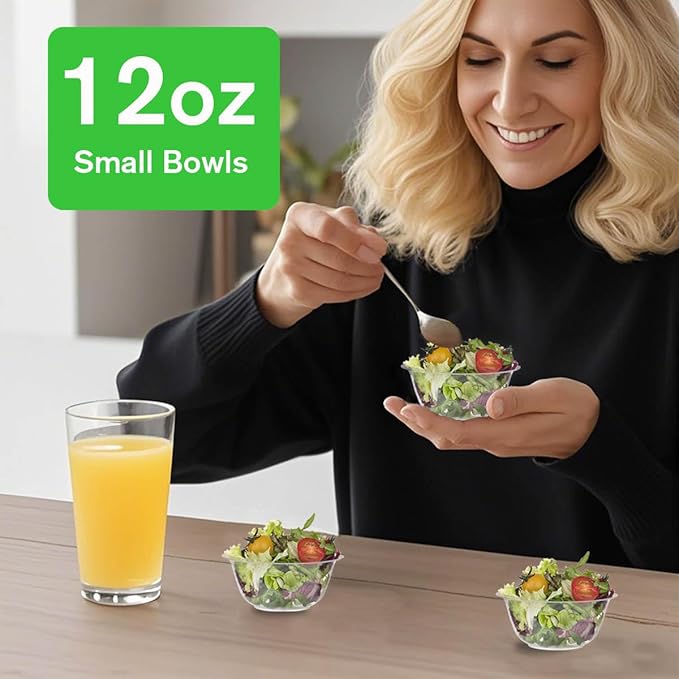 MOACOCK 100 Pack Small Clear Plastic Bowls, 12oz Hard Disposable Salad Bowls, Disposable Bowl for Party Serving, Ice Creams, Desserts, Catering, Special Events