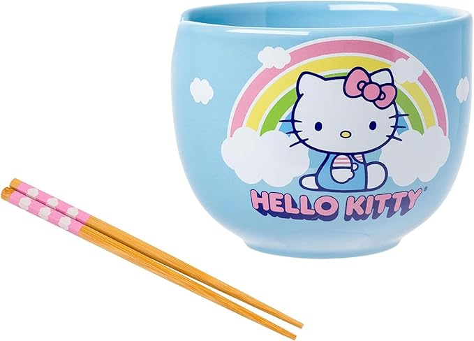 Silver Buffalo Hello Kitty Rainbow and Clouds Ceramic Ramen Noodle Rice Bowl with Chopsticks, Microwave Safe, 20 Ounces