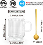 Clear Glass Coffee Mug Set of 4, 12 Ounces Ribbed Glassware with Spoon, Classic Vertical Stripes Tea Mugs for Soda, Latte, Espresso, Cappuccino, Gift for Birthday Holidays Wedding Anniversary