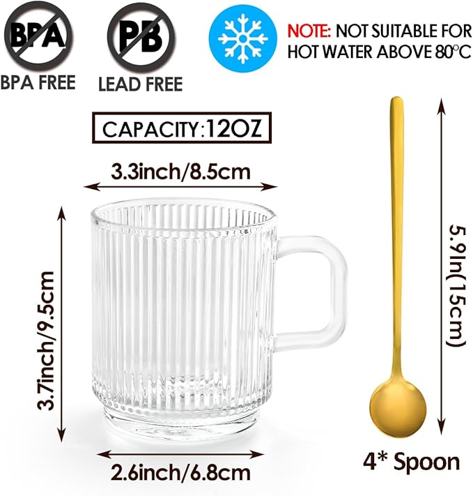 Clear Glass Coffee Mug Set of 4, 12 Ounces Ribbed Glassware with Spoon, Classic Vertical Stripes Tea Mugs for Soda, Latte, Espresso, Cappuccino, Gift for Birthday Holidays Wedding Anniversary