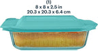 Pyrex Colors Tinted (8"x8") Tinted Glass Baking Dish with BPA-Free Lid, Oblong Bakeware Glass Pan For Casserole & Lasagna, Dishwasher, Freezer, Microwave and Pre-Heated Oven Safe, Aqua
