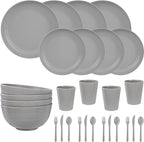 LIYH 28 Pcs Kitchen Plates and Bowls Set, Wheat Straw Dinnerware Sets, Unbreakable Plates and Bowls Sets for 4, Reusable Plate Wheat Straw Dishes Set for Daily & Camping, Light Grey Kitchen Decor