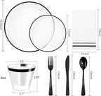 NOCCUR 350PCS Clear and Black Plastic Plates - Disposable Dinnerware Set for 50 Guests Include 100 Dinner/Dessert Plates,150 Black Cutlery,50 Cups&50 Napkins Ideal for Party/Birthday/New Year