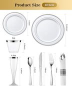 Goodluck 320 PCS Silver Disposable Plastic Dinnerware Set for 40 Guests, Include 40 Dinner Plates, 40 Dessert Plates, 40 Napkins with Silverware, 40 Cups, 40 Champagne Glasses, for Christmas, Wedding