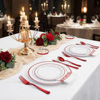 WELLIFE 700 Pcs Red Plastic Plates for 100 Guests - Plastic Dinnerware Set,Party Supplies Includes 200 Red Disposable Plates,300 Silverware,100 Napkins,100 Cups,Valentines Plates