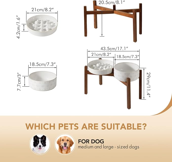 Havniva Ceramic 1.6 Cup Raised Slow Feeder Dog Bowl Set, Elevated 7.3inch Bowl and 8.2inch Slow Feeder Dish with Acacia Wood Stand for Medium and Large Dogs (2 x Reactived Glaze -White+ Stand)