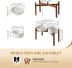 Havniva Ceramic 1.6 Cup Raised Slow Feeder Dog Bowl Set, Elevated 7.3inch Bowl and 8.2inch Slow Feeder Dish with Acacia Wood Stand for Medium and Large Dogs (2 x Reactived Glaze -White+ Stand)