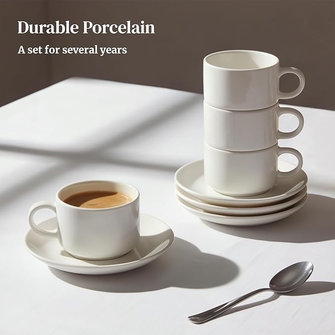 DOWAN 4 Ounce Porcelain Stackable Espresso Cups with Saucers Set of 4, White Espresso Cups for Home, Office and Cafe Use