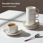 DOWAN 4 Ounce Porcelain Stackable Espresso Cups with Saucers Set of 4, White Espresso Cups for Home, Office and Cafe Use