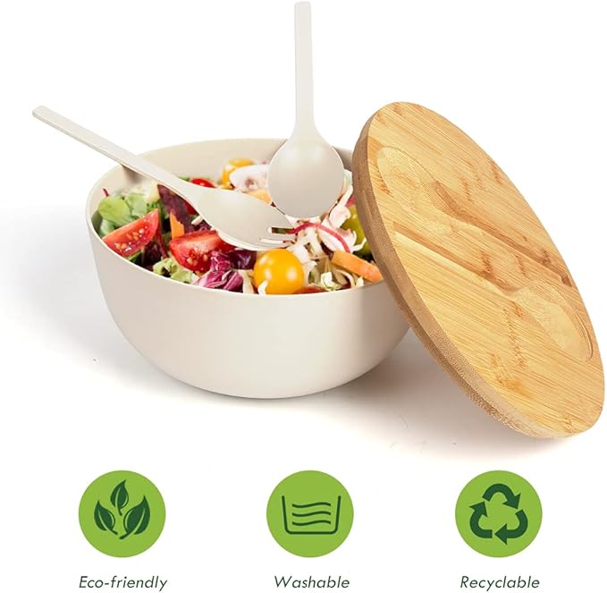 ShineMe Large Salad Bowl with Lid, Bamboo Fiber Salad Serving Bowl Set with Utensils, 9.8inches Mixing Bowl with Servers, Solid Bamboo Wooden Bowl for Candy, Salad, Fruits, Vegetables and Pasta(White)