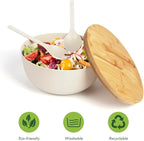 ShineMe Large Salad Bowl with Lid, Bamboo Fiber Salad Serving Bowl Set with Utensils, 9.8inches Mixing Bowl with Servers, Solid Bamboo Wooden Bowl for Candy, Salad, Fruits, Vegetables and Pasta(White)