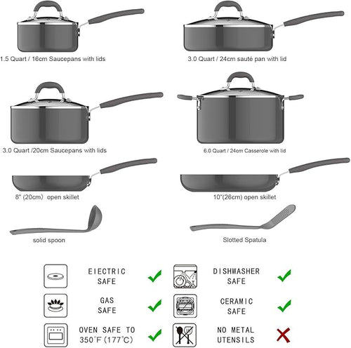 Amazon Basics Aluminum Cookware Set with Stay-Cool Handles, Dishwasher and Oven Safe, 12-Piece Pots, Pans and Utensils with Lids, Gray