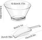 Sawysine 12 Pcs Plastic Clear Serving Bowls with Kitchen Plastic Scoops Salad Serving Bowls Popcorn Scoops Angled Candy Container for Salad Cooking Parties, 210 ml