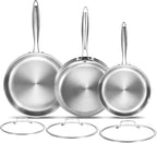DELARLO Tri-Ply Stainless Steel Pan, 18/10 Frying Pan, Oven Safe Up to 600°F, Nontoxic Cookware, Compatible with All Cooktops Skillet, Durable, Fast Even Heat Fry Pan,8" 10" 12" with lids