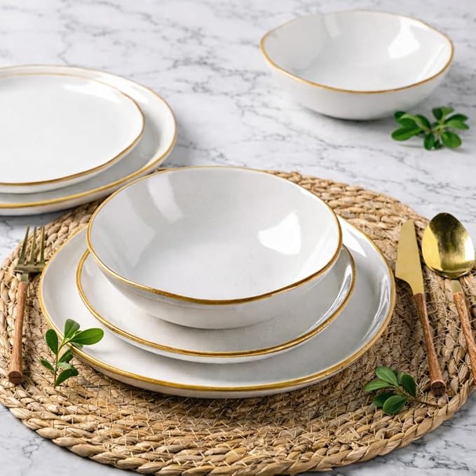 AmorArc Ceramic Dinnerware Sets,Handmade Reactive Glaze Stoneware Plates and Bowls Sets,Highly Scratch Resistant | Dishwasher & Microwave Safe Dishes Set,Service for 4 (12pc)