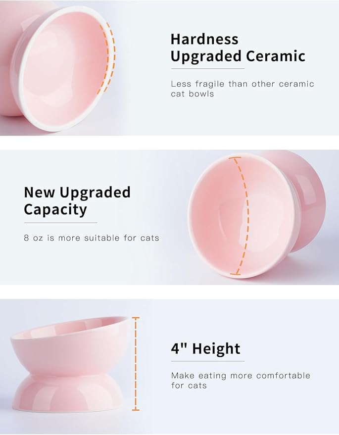 ABRUTY Cat Water Bowl, 16 OZ Ceramic Elevated Cat Bowls, 15° Tilted and Raised Pet Food Dish, Anti Vomiting Protect Pets' Spines and Whisker Fatigue