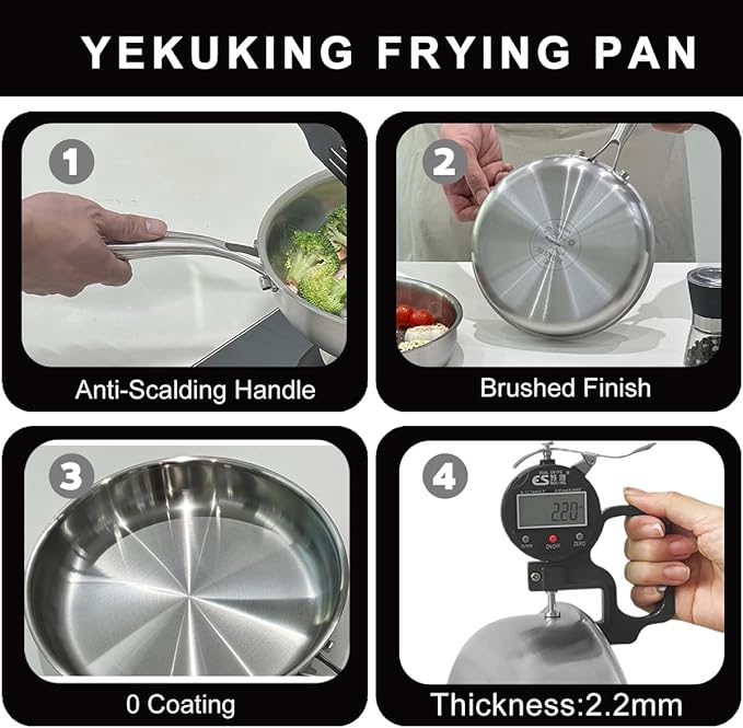Tri-ply Stainless Steel Frying Pan 12 Inch Large Skillet for Chef's Cooking Pan Induction Oven Dishwasher Safe, Compatible with All Cooktops Up to 600℉ with Kitchen Tongs(Detachable Handle)
