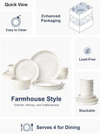 LE TAUCI Ceramic Plates and Bowls Set for 4, 12-Piece Ceramic Dinnerware Set, Farmhouse Dishes Set, Microwave & Dishwasher Safe, Stackable,12-Piece, Arctic White (10" Dinner+8" Salad Plates+6" Bowls)