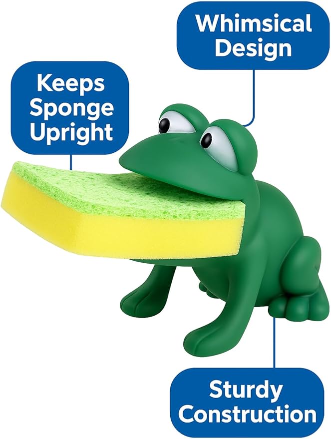 Animal Shape Novelty Kitchen Sponge Holder and Sponge Choice of Frog or Duck (Green Frog)
