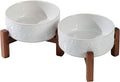 Havniva Ceramic 5.1inch Raised Double Bowls Set with Acacia Wood Stand, 2 Heights Elevated, Food & Water Bowls for Puppy, Kitty, Cats(13.5oz, Arctic White)