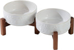 Havniva Ceramic 5.1inch Raised Double Bowls Set with Acacia Wood Stand, 2 Heights Elevated, Food & Water Bowls for Puppy, Kitty, Cats(13.5oz, Arctic White)
