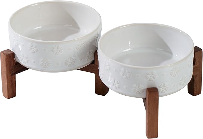 Havniva Ceramic 5.1inch Raised Double Bowls Set with Acacia Wood Stand, 2 Heights Elevated, Food & Water Bowls for Puppy, Kitty, Cats(13.5oz, Arctic White)