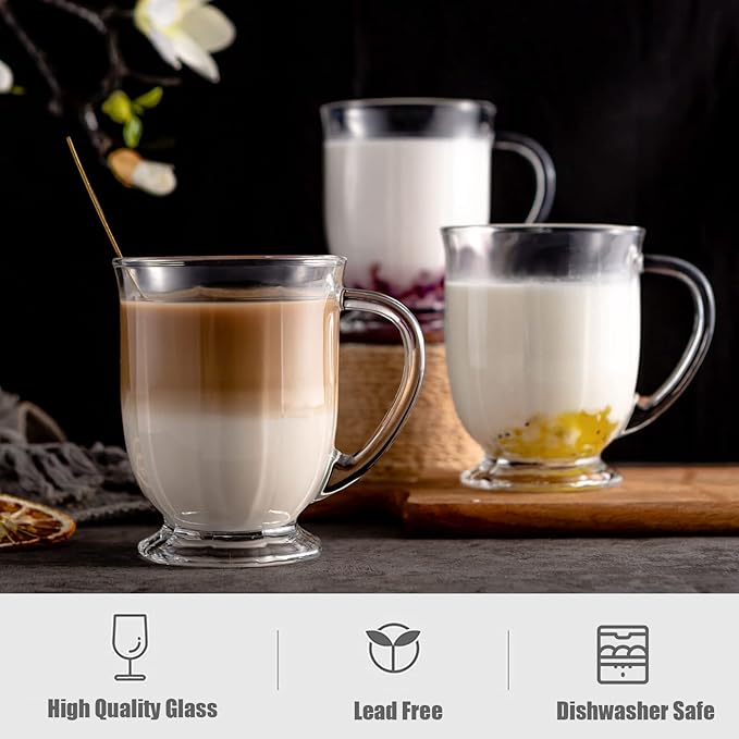 Glass Mug Set of 8, 15 oz Large Capacity Coffee Mugs with Handles, Clear, with 8 Spoons; Ideal for Latte, Espresso, Juice, Tea