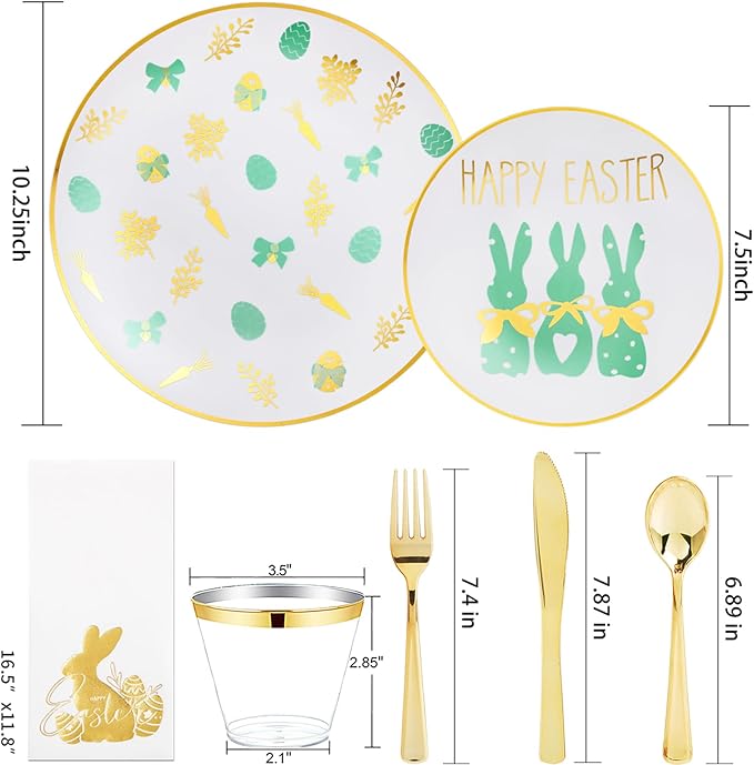 Hioasis 175pcs Easter Plastic Plates, Bunny Plastic Disposable Dinnerware Set Include 25 Dinner Plates, 25 Dessert Plates, 25 Forks, 25 Knives, 25 Spoons, 25 Napkins，25 Cups Perfect for Easter Party