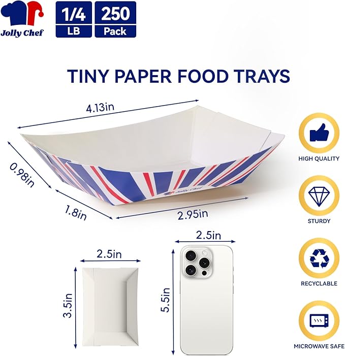 JOLLY CHEF 250 Pack 1/4 Lb Paper Food Trays, Mini Disposable Food Boat for Gameday, Small Paper Food Serving Boats for Snack Dessert Taco Nacho