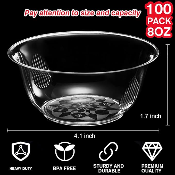 MOACOCK 100 Pack Small Clear Plastic Bowls, 8oz Hard Disposable Salad Bowls, Disposable Bowl for Party Serving, Ice Creams, Desserts, Catering, Special Events
