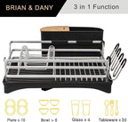 BRIAN & DANY Aluminum Dish Drying Rack, Dish Racks for Kitchen Counter, Dish Drainer with Removable Cutlery Holder & Cup Holder, Unique 360° Swivel Spout Drainboard, 16.5" L x 11.8" W, Silver