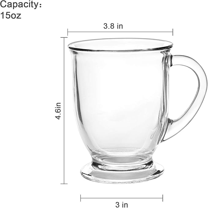 15oz/450ml Glass Coffee Mugs Clear Coffee Cups with Handles perfect for Latte, Cappuccino, Espresso Coffee, Tea and Hot Beverages, Set of 6
