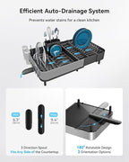 SUNLY Expandable Dish Drying Rack, Versatile Brackets for Pots & Pans, Space Saving Kitchen Drying Rack, Dish Racks for Kitchen Counter, Stainless Steel Dish Drainers with Extendable Spout, Black