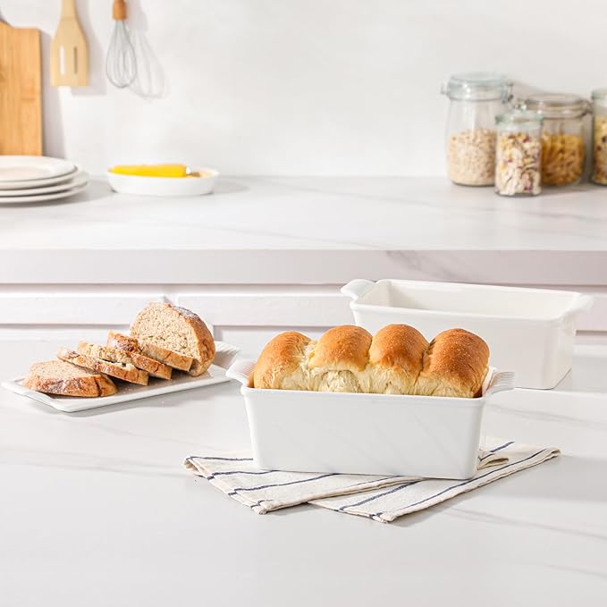 Ceramic Loaf Pan with Lid - 1.58 Qt Deep Bread Pan (10.94" x 5.23"), 2-in-1 Baking Dish for Homemade Bread Banana Bread Meatloaf, Oven Safe to 500°F, Dishwasher Freezer Safe, White
