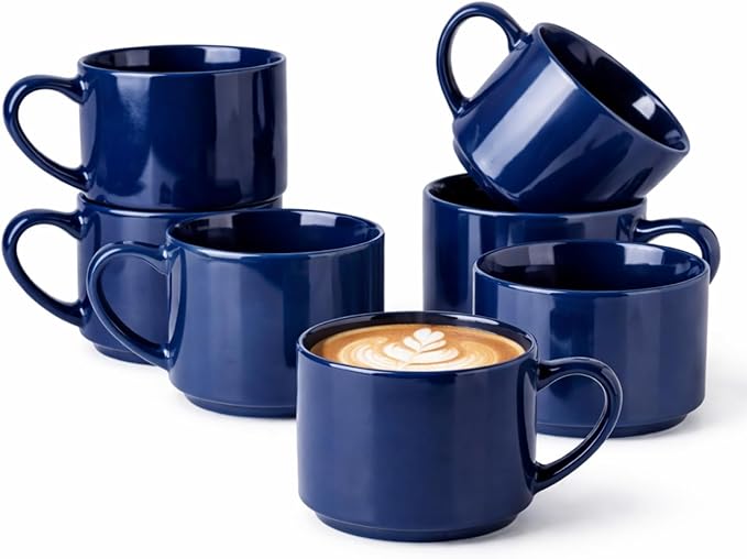 GBhome 14 OZ Coffee Mugs Set of 6, Stackable Ceramic Mugs for Men, Women, Modern Coffee Cups for Latte,Cappuccino,Hot Cocoa. Dishwasher & Microwave Safe, Navy Blue